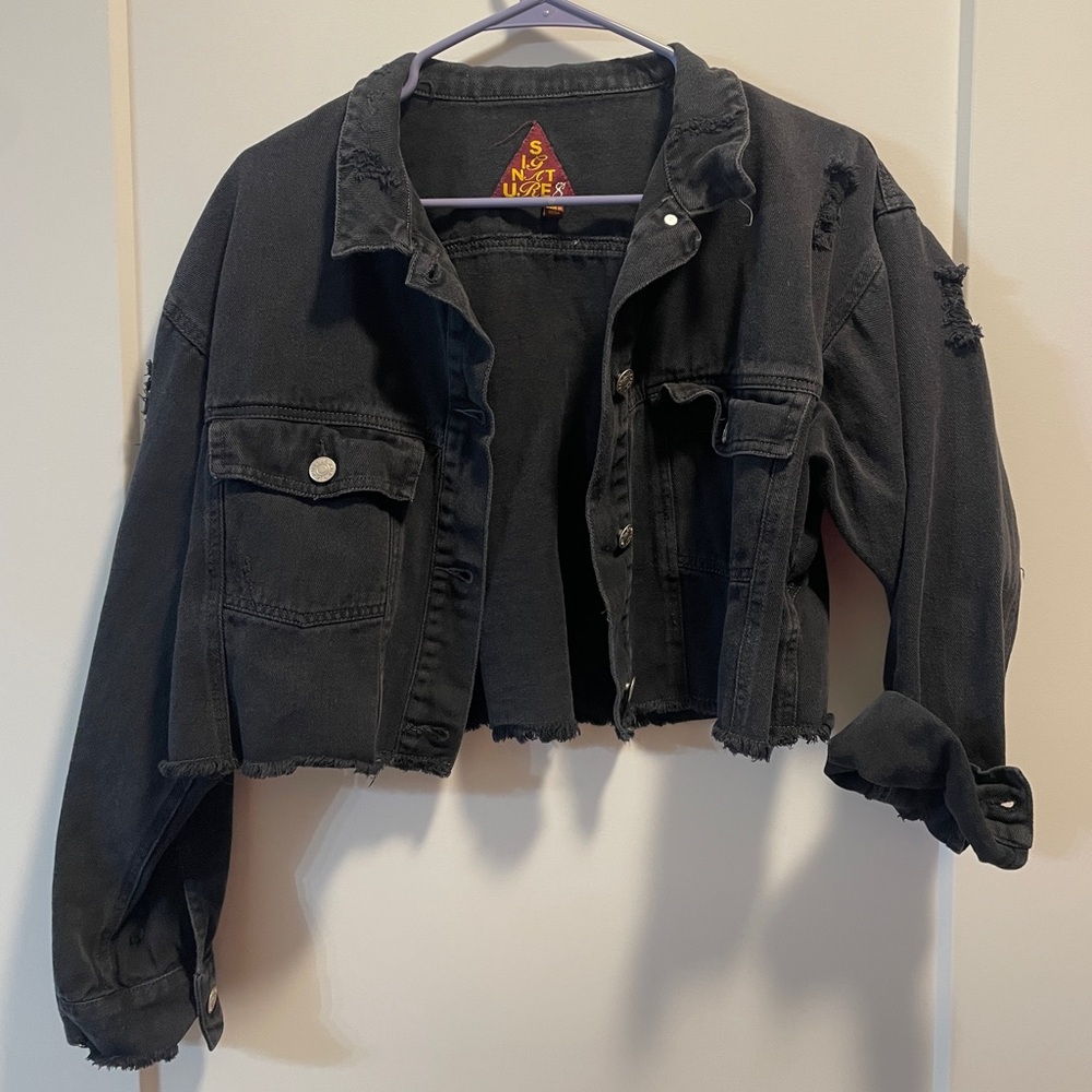 Distressed Black Cropped Denim Jacket